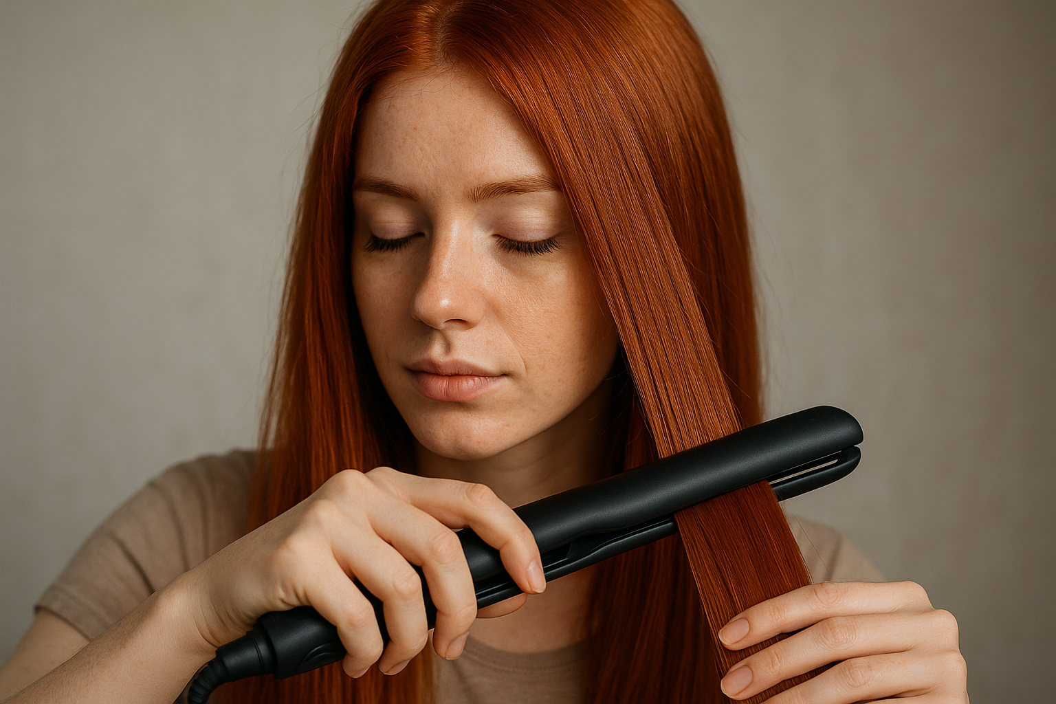 Uma mulher com longos cabelos ruivos lisos usa uma chapinha preta para alisar uma seção de seu cabelo. Ela tem os olhos fechados e está vestindo uma camisa bege, em frente a um fundo liso.