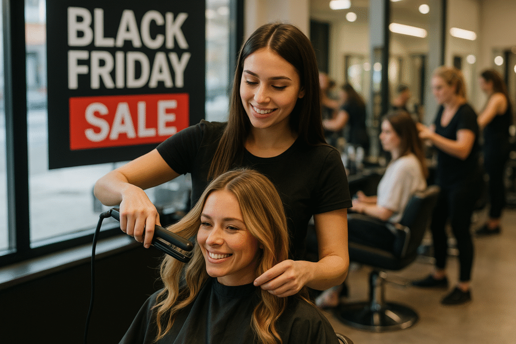 Um cabeleireiro alisa o cabelo de uma cliente em um salão. Atrás deles, uma grande placa de promoção da Black Friday é visível na janela. Outros clientes e estilistas são vistos trabalhando ao fundo.