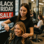 Um cabeleireiro alisa o cabelo de uma cliente em um salão. Atrás deles, uma grande placa de promoção da Black Friday é visível na janela. Outros clientes e estilistas são vistos trabalhando ao fundo.