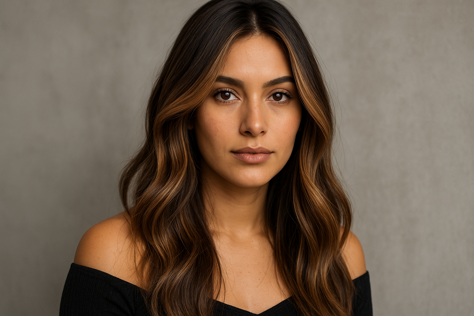 Uma mulher com cabelos castanhos longos e ondulados e tom de pele médio olha diretamente para a câmera. Ela está vestindo uma blusa preta sem ombros e está posando contra um fundo cinza claro e liso.