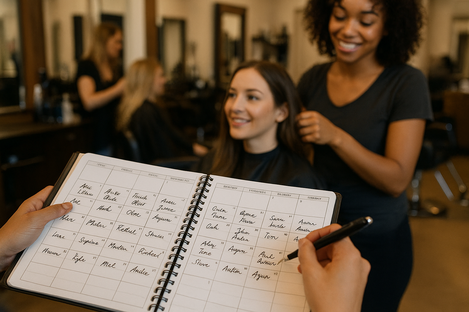 Uma pessoa segura uma caneta e uma agenda aberta em um salão de cabeleireiro. Ao fundo, um cabeleireiro está atrás de uma cliente sentada, ambos sorrindo. Outra cliente pode ser vista ao longe, também fazendo o cabelo.