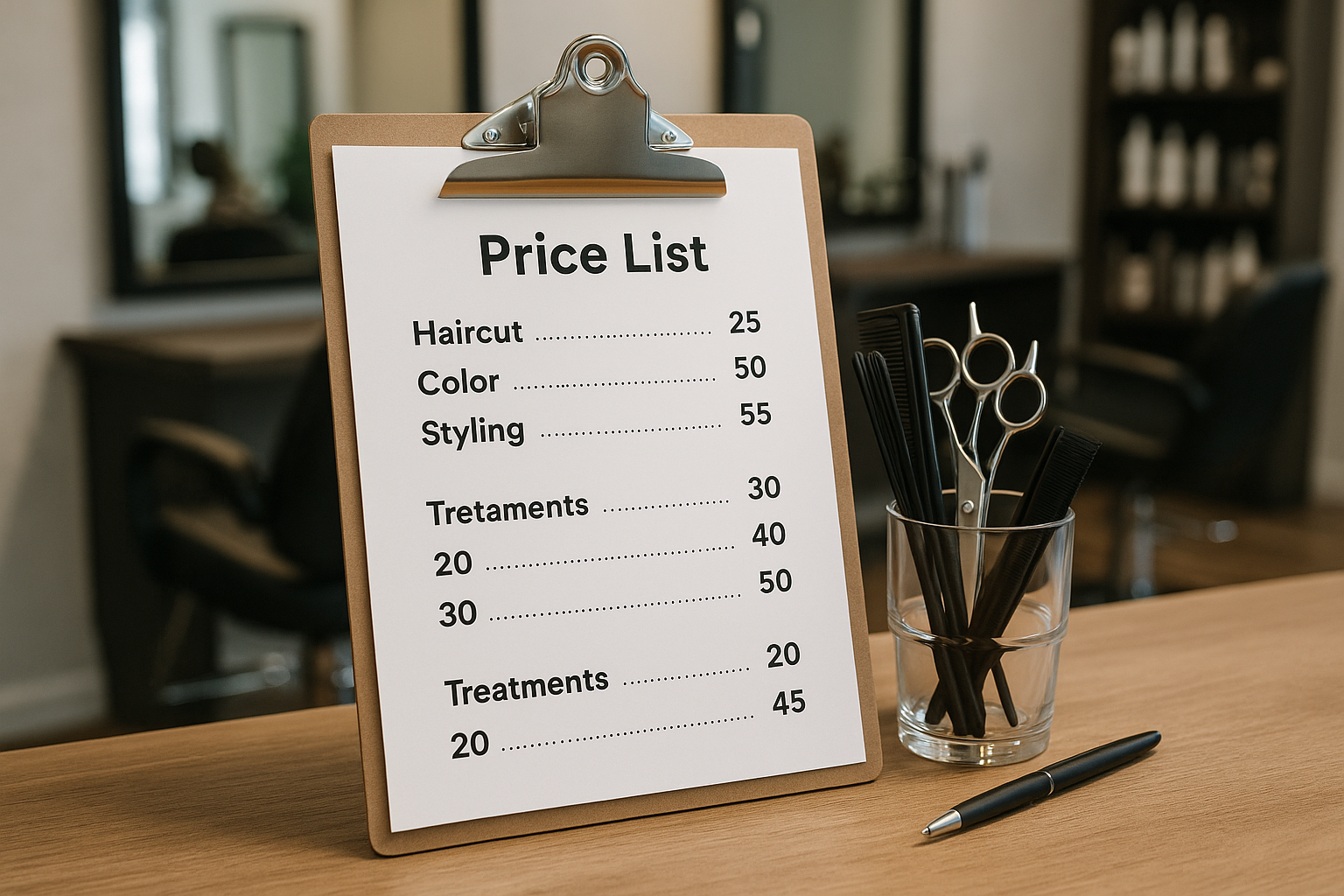 Uma prancheta no balcão de um salão de beleza exibe uma lista de preços de serviços que incluem cortes de cabelo, cores, penteados e tratamentos. Ao lado, há uma caneta e um copo com pentes e tesouras. Cadeiras de salão e espelhos estão ao fundo.