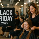 Um cabeleireiro penteia o cabelo de uma cliente em um salão moderno. Uma grande placa em primeiro plano diz Black Friday 2025. Outros clientes e estilistas são visíveis ao fundo.