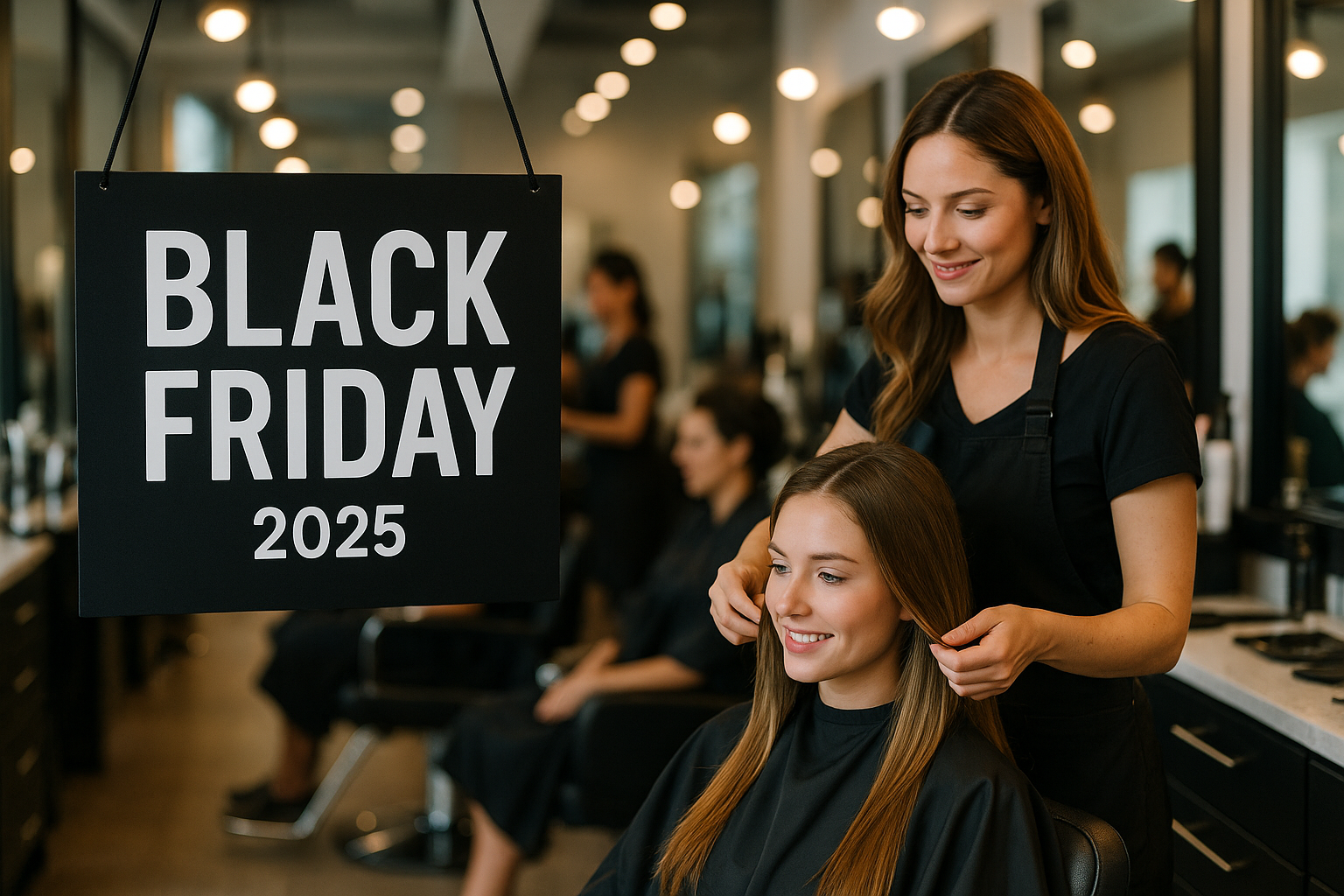 Um cabeleireiro penteia o cabelo de uma cliente em um salão moderno. Uma grande placa em primeiro plano diz Black Friday 2025. Outros clientes e estilistas são visíveis ao fundo.