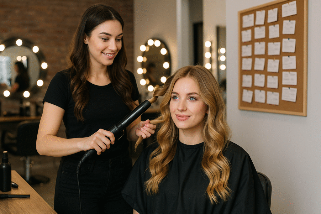 Um cabeleireiro usa um modelador de cachos no cabelo de uma mulher sentada em um salão de beleza. Ambas têm longos cabelos castanhos. A mulher na cadeira usa uma capa preta. Espelhos e um quadro de avisos estão visíveis ao fundo.
