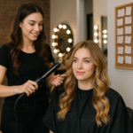 Um cabeleireiro usa um modelador de cachos no cabelo de uma mulher sentada em um salão de beleza. Ambas têm longos cabelos castanhos. A mulher na cadeira usa uma capa preta. Espelhos e um quadro de avisos estão visíveis ao fundo.