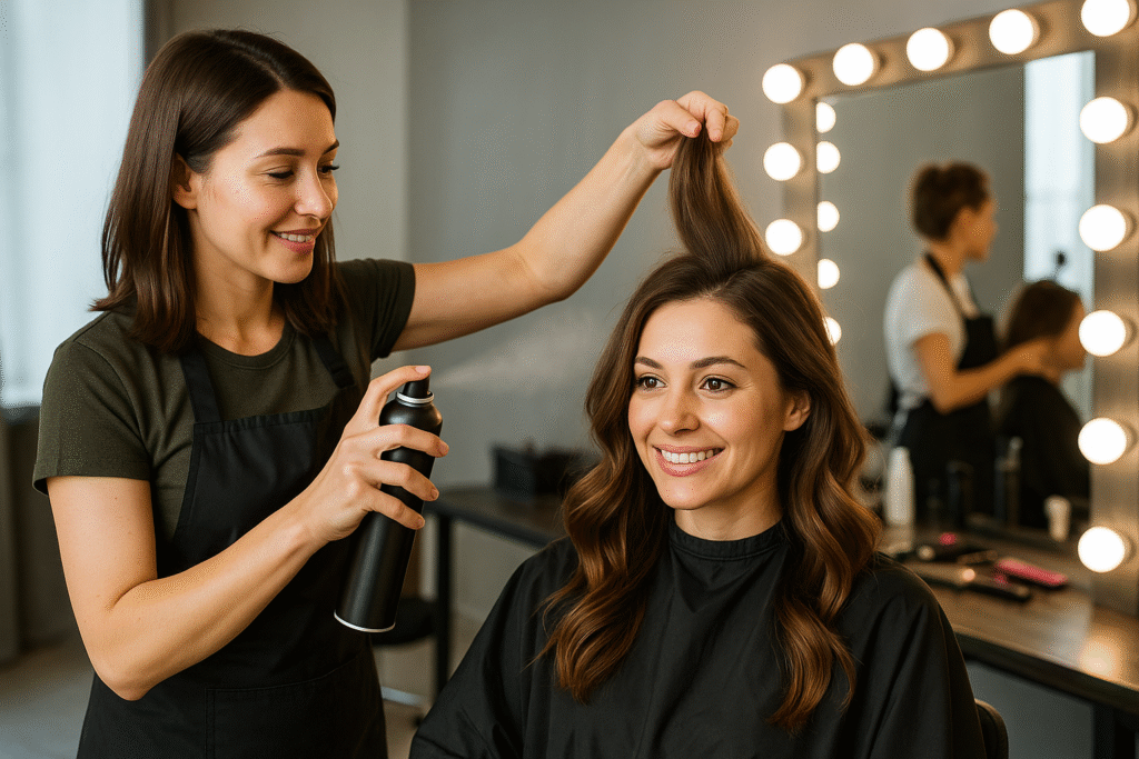 Um cabeleireiro de avental preto segura o cabelo de uma mulher e o pulveriza com produto para cabelo. A mulher está sentada em uma cadeira de salão, sorrindo, com um grande espelho e lâmpadas acesas ao fundo.