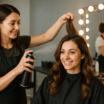 Um cabeleireiro de avental preto segura o cabelo de uma mulher e o pulveriza com produto para cabelo. A mulher está sentada em uma cadeira de salão, sorrindo, com um grande espelho e lâmpadas acesas ao fundo.