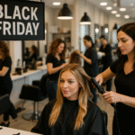 Um cabeleireiro usa um modelador de cachos no cabelo de uma cliente sentada em um salão moderno. Uma placa com a inscrição Black Friday está pendurada acima deles. Outros cabeleireiros e clientes podem ser vistos ao fundo.