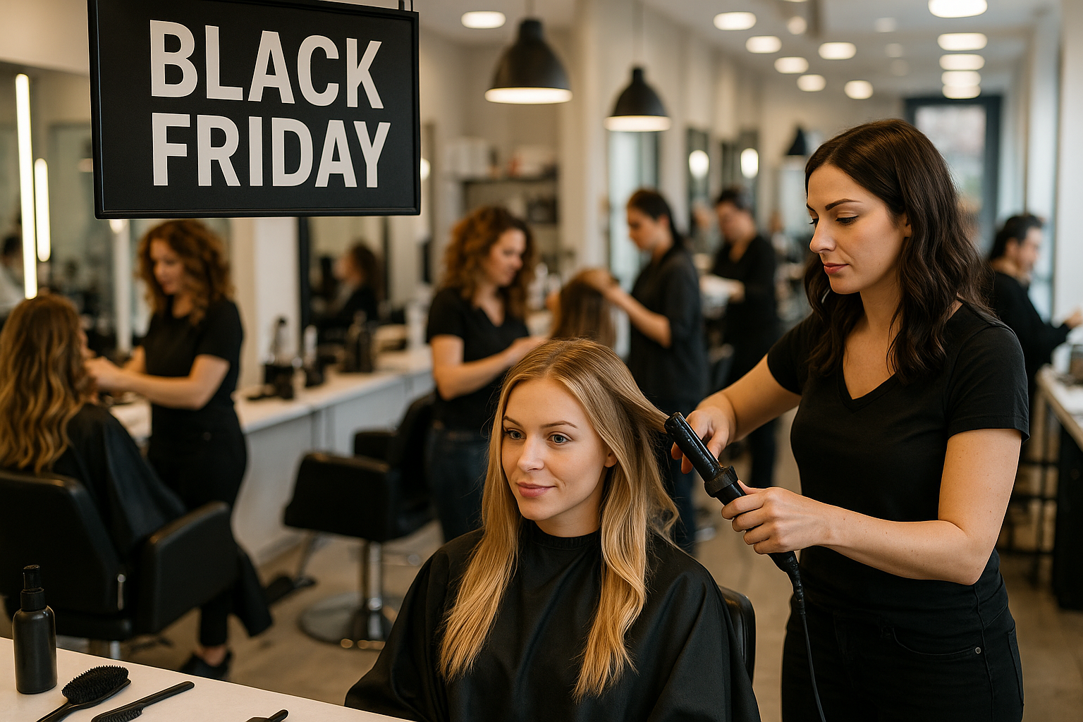 Um cabeleireiro usa um modelador de cachos no cabelo de uma cliente sentada em um salão moderno. Uma placa com a inscrição Black Friday está pendurada acima deles. Outros cabeleireiros e clientes podem ser vistos ao fundo.