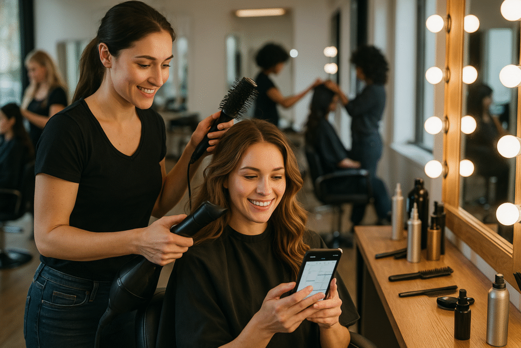 Um cabeleireiro seca o cabelo de uma mulher sorridente em um salão de beleza. A mulher está sentada em uma cadeira olhando para o celular. Ao fundo, outros clientes e estilistas são visíveis. O salão tem espelhos e penteadeiras iluminadas.