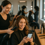 Um cabeleireiro seca o cabelo de uma mulher sorridente em um salão de beleza. A mulher está sentada em uma cadeira olhando para o celular. Ao fundo, outros clientes e estilistas são visíveis. O salão tem espelhos e penteadeiras iluminadas.