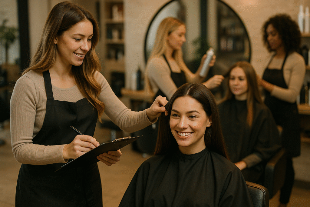 Um cabeleireiro com uma prancheta se prepara para atender uma mulher sorridente sentada em uma cadeira de salão. Ao fundo, dois outros cabeleireiros trabalham com clientes. O salão tem um interior moderno e bem iluminado, com espelhos e prateleiras.