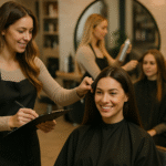 Um cabeleireiro com uma prancheta se prepara para atender uma mulher sorridente sentada em uma cadeira de salão. Ao fundo, dois outros cabeleireiros trabalham com clientes. O salão tem um interior moderno e bem iluminado, com espelhos e prateleiras.