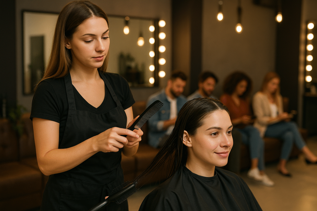 Um cabeleireiro de avental preto usa um pente no cabelo molhado de uma cliente em um salão moderno. Várias pessoas estão sentadas ao fundo, algumas usando dispositivos móveis. A sala é iluminada por luzes redondas.