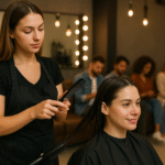Um cabeleireiro de avental preto usa um pente no cabelo molhado de uma cliente em um salão moderno. Várias pessoas estão sentadas ao fundo, algumas usando dispositivos móveis. A sala é iluminada por luzes redondas.