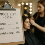 Uma prancheta com uma lista de preços de salão para 2025 mostra os preços de corte de cabelo, cor e alisamento, enquanto um cabeleireiro trabalha no cabelo de uma mulher sentada em um fundo desfocado.