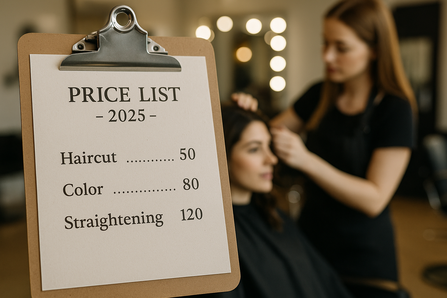 Uma prancheta com uma lista de preços de salão para 2025 mostra os preços de corte de cabelo, cor e alisamento, enquanto um cabeleireiro trabalha no cabelo de uma mulher sentada em um fundo desfocado.