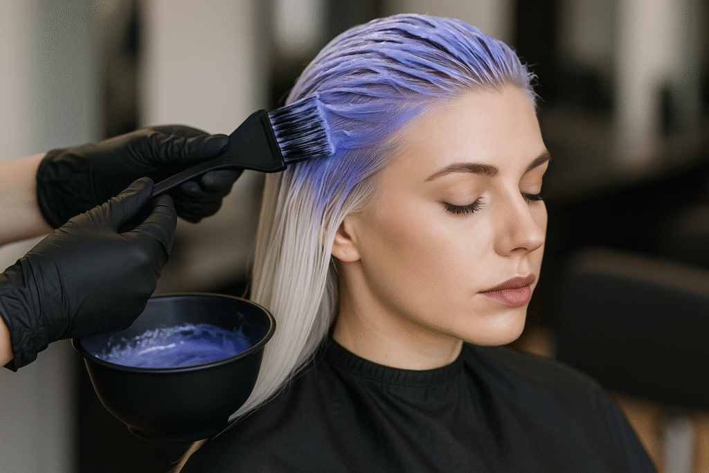 Uma pessoa com cabelos longos, lisos e loiros está sentada em uma cadeira de salão com os olhos fechados enquanto alguém usando luvas pretas aplica tinta roxa em suas raízes usando um pincel.