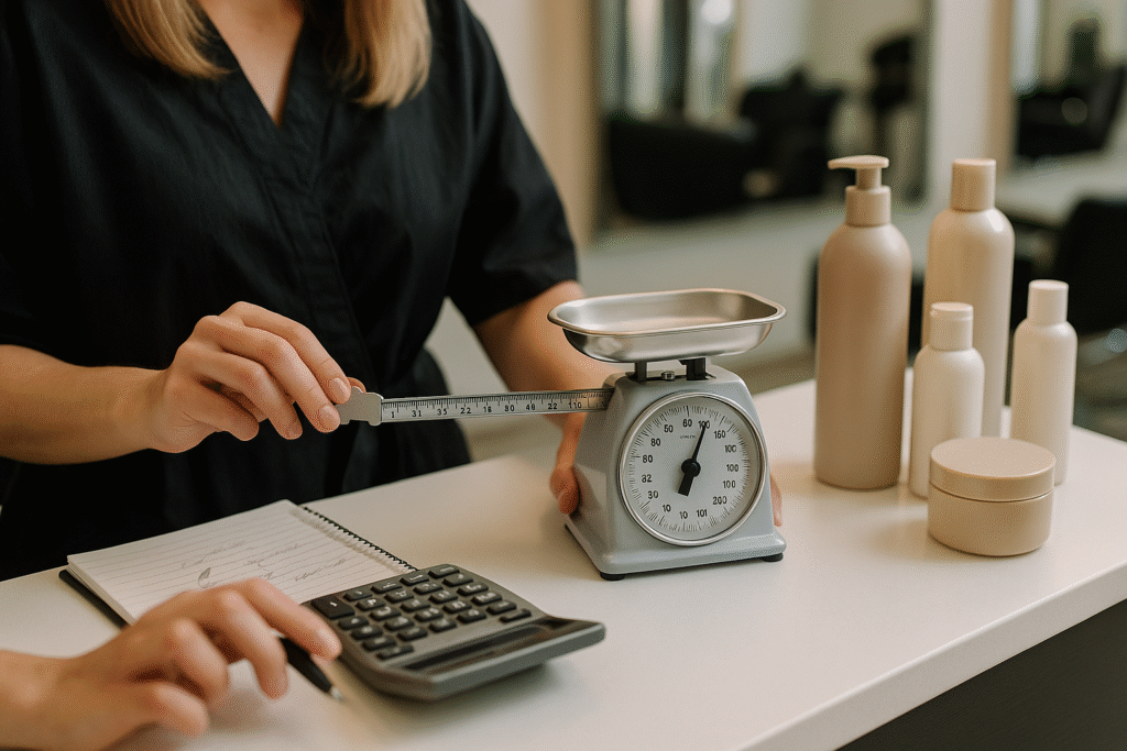 Uma pessoa ajusta um mostrador em uma balança de cozinha de metal colocada em um balcão com garrafas e um pote, enquanto outra pessoa usa uma calculadora ao lado de um bloco de notas.