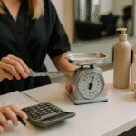 Uma pessoa ajusta um mostrador em uma balança de cozinha de metal colocada em um balcão com garrafas e um pote, enquanto outra pessoa usa uma calculadora ao lado de um bloco de notas.