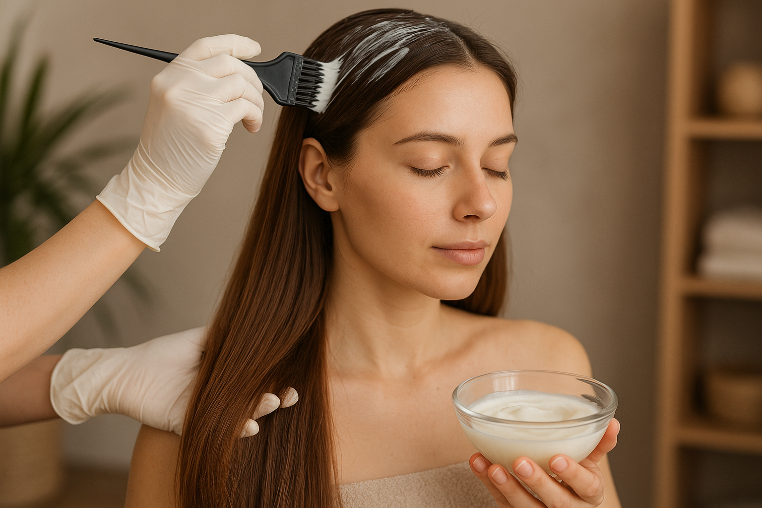 Uma pessoa com longos cabelos castanhos senta-se com os olhos fechados enquanto outra pessoa, usando luvas, aplica tinta ou tratamento capilar em suas raízes usando um pincel; uma tigela de creme é segurada na outra mão.