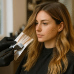 Uma pessoa com cabelos ondulados na altura dos ombros senta-se em uma cadeira de salão enquanto um estilista usando luvas pretas aplica tinta em uma seção do cabelo usando uma escova e papel alumínio.