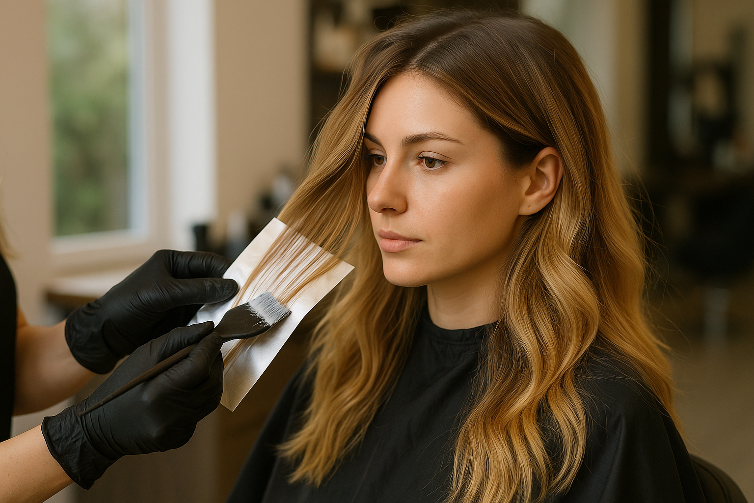 Uma pessoa com cabelos ondulados na altura dos ombros senta-se em uma cadeira de salão enquanto um estilista usando luvas pretas aplica tinta em uma seção do cabelo usando uma escova e papel alumínio.