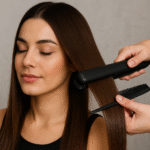 Uma pessoa com cabelos castanhos longos e lisos tem seus cabelos penteados com uma chapinha e um pente por outra pessoa; seus olhos estão fechados e ela parece relaxada.