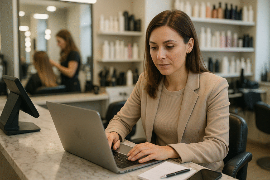 Uma mulher usando um blazer bege digita em um laptop em um balcão de mármore com um bloco de notas e uma caneta por perto. Ao fundo, outra mulher faz o cabelo em um salão com prateleiras de produtos para cabelo à vista.