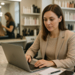 Uma mulher usando um blazer bege digita em um laptop em um balcão de mármore com um bloco de notas e uma caneta por perto. Ao fundo, outra mulher faz o cabelo em um salão com prateleiras de produtos para cabelo à vista.