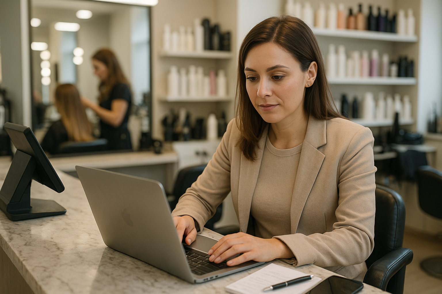 Uma mulher usando um blazer bege digita em um laptop em um balcão de mármore com um bloco de notas e uma caneta por perto. Ao fundo, outra mulher faz o cabelo em um salão com prateleiras de produtos para cabelo à vista.