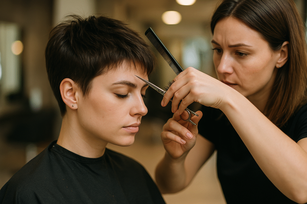 Um cabeleireiro usa uma tesoura e um pente para aparar a franja de uma pessoa com cabelo curto e escuro, que está sentada calmamente em uma cadeira de salão e usando uma capa preta de barbeiro. O plano de fundo mostra o interior desfocado de um salão de beleza.