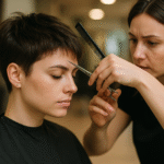 Um cabeleireiro usa uma tesoura e um pente para aparar a franja de uma pessoa com cabelo curto e escuro, que está sentada calmamente em uma cadeira de salão e usando uma capa preta de barbeiro. O plano de fundo mostra o interior desfocado de um salão de beleza.