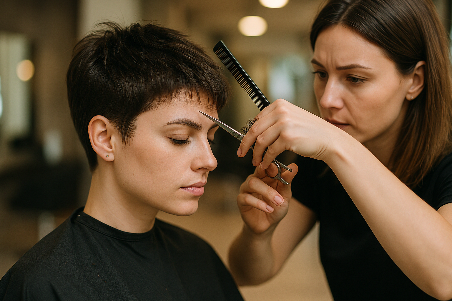 Um cabeleireiro usa uma tesoura e um pente para aparar a franja de uma pessoa com cabelo curto e escuro, que está sentada calmamente em uma cadeira de salão e usando uma capa preta de barbeiro. O plano de fundo mostra o interior desfocado de um salão de beleza.