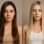 Duas mulheres jovens com cabelos lisos são mostradas lado a lado em um fundo liso. A mulher à esquerda tem longos cabelos castanhos e usa uma camiseta regata bege. A mulher à direita tem cabelos longos e loiros e usa uma camiseta regata branca.