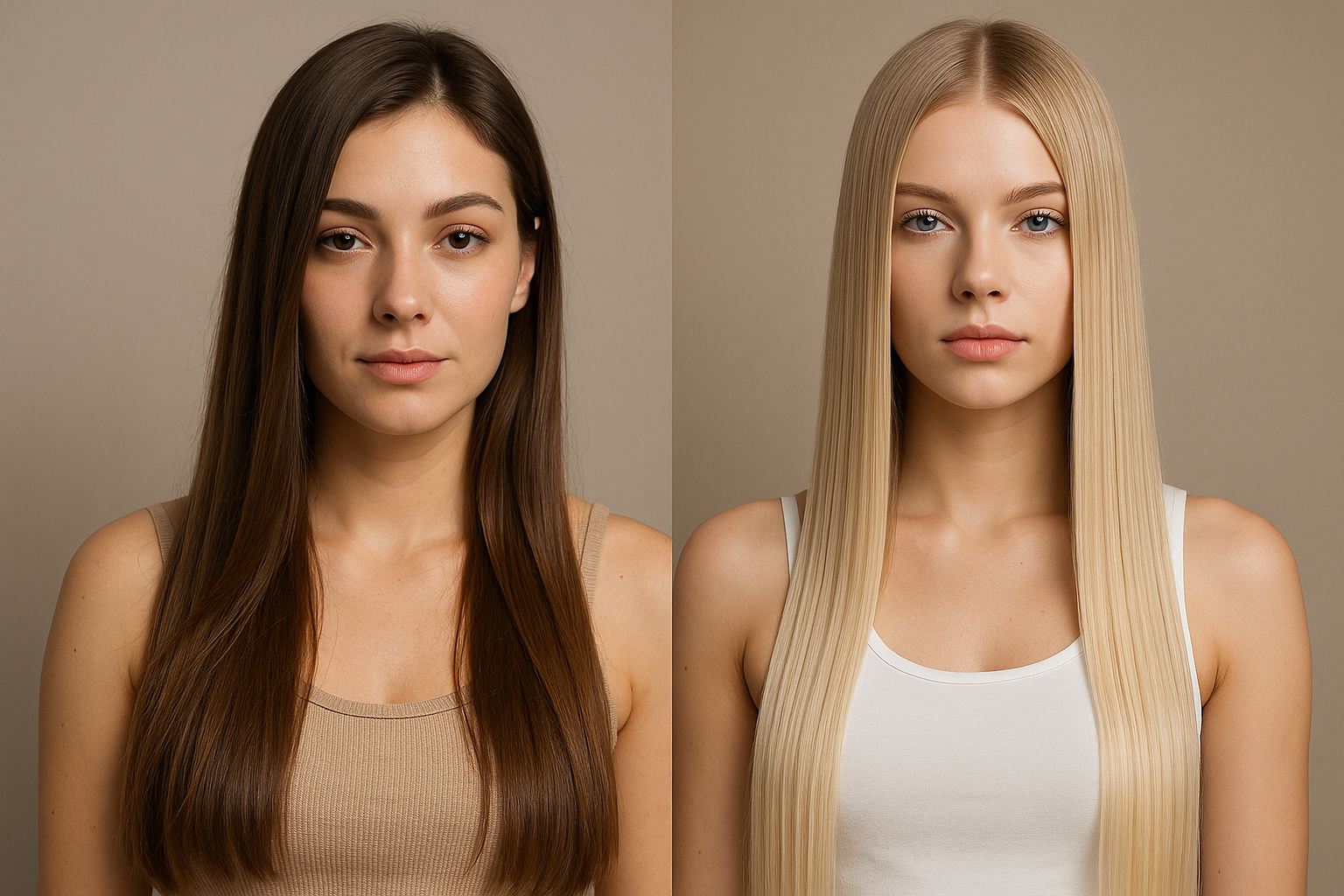 Duas mulheres jovens com cabelos lisos são mostradas lado a lado em um fundo liso. A mulher à esquerda tem longos cabelos castanhos e usa uma camiseta regata bege. A mulher à direita tem cabelos longos e loiros e usa uma camiseta regata branca.