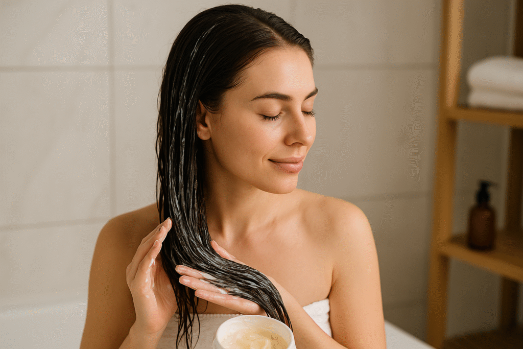 Uma mulher com longos cabelos escuros e olhos fechados aplica uma máscara capilar cremosa em seus cabelos molhados. Ela está usando uma toalha branca e em pé em um banheiro com paredes de azulejos e prateleiras de madeira ao fundo.