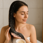 Uma mulher com longos cabelos escuros e olhos fechados aplica uma máscara capilar cremosa em seus cabelos molhados. Ela está usando uma toalha branca e em pé em um banheiro com paredes de azulejos e prateleiras de madeira ao fundo.