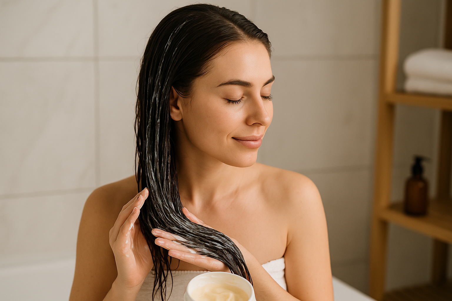 Uma mulher com longos cabelos escuros e olhos fechados aplica uma máscara capilar cremosa em seus cabelos molhados. Ela está usando uma toalha branca e em pé em um banheiro com paredes de azulejos e prateleiras de madeira ao fundo.