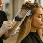Uma pessoa com longos cabelos loiros senta-se em uma cadeira de salão enquanto outra pessoa, usando luvas, aplica tintura de cabelo com um pincel, usando papel alumínio para separar as seções do cabelo.