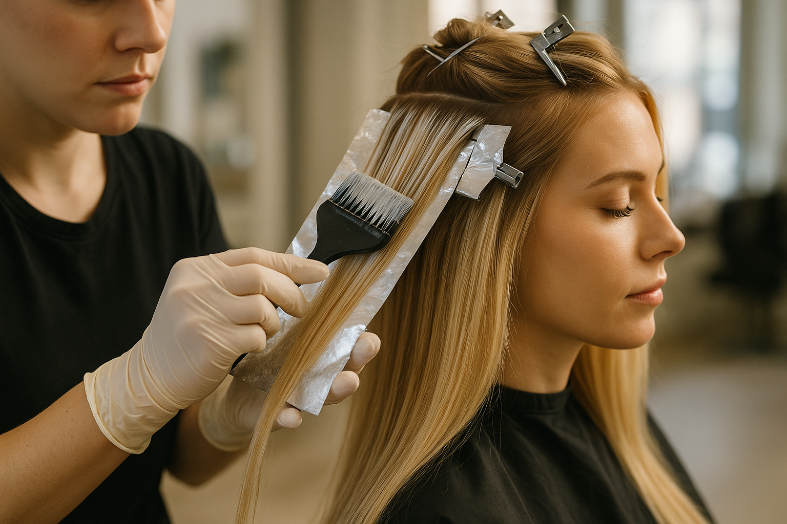 Uma pessoa com longos cabelos loiros senta-se em uma cadeira de salão enquanto outra pessoa, usando luvas, aplica tintura de cabelo com um pincel, usando papel alumínio para separar as seções do cabelo.