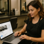 Uma mulher com um avental de salão preto senta-se em uma cadeira de salão, usando um laptop que exibe uma listagem de empresas do Google para um salão de cabeleireiro. Prateleiras com produtos para cabelo e espelhos são visíveis ao fundo.