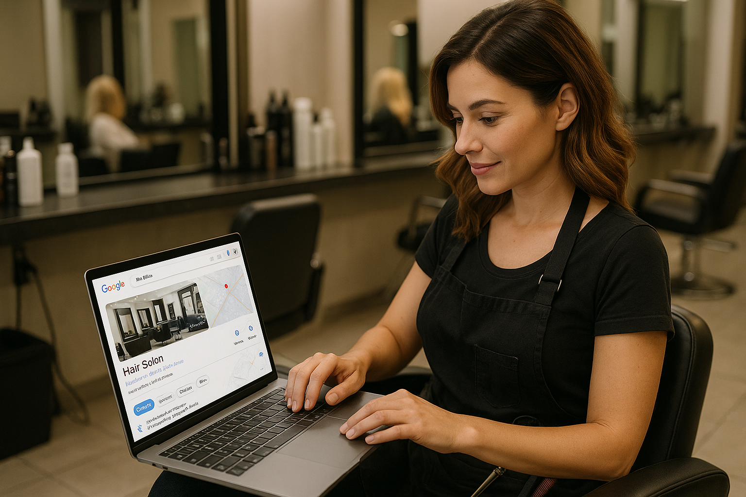 Uma mulher com um avental de salão preto senta-se em uma cadeira de salão, usando um laptop que exibe uma listagem de empresas do Google para um salão de cabeleireiro. Prateleiras com produtos para cabelo e espelhos são visíveis ao fundo.