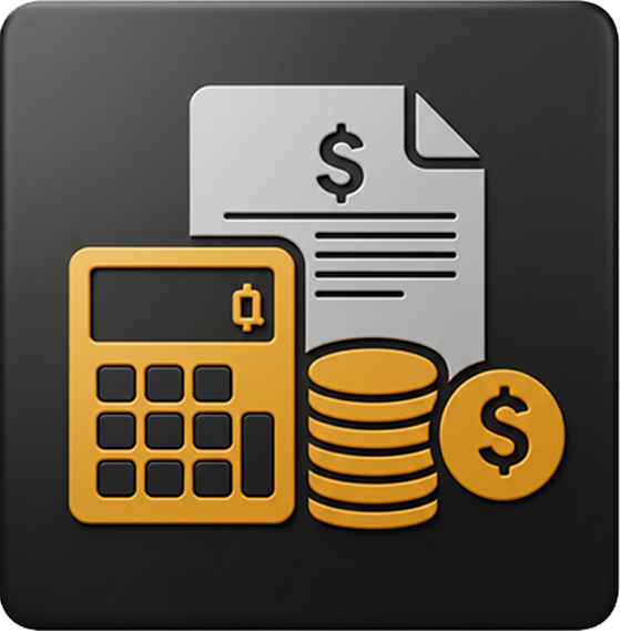 Um ícone gráfico que mostra uma calculadora amarela, pilhas de moedas de ouro e um documento com um cifrão, em um fundo cinza escuro. A imagem representa cálculos financeiros ou contabilidade.