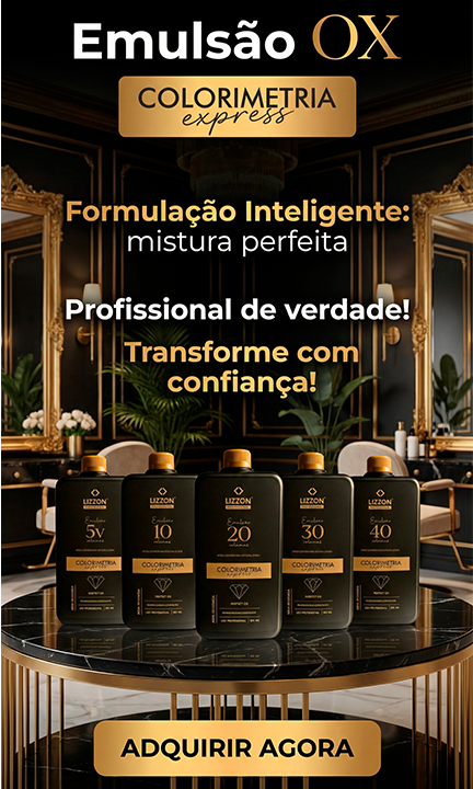 Cinco frascos pretos do produto para cabelos Lizzon Emulsão OX estão expostos em uma mesa em uma sala luxuosa, com um texto promovendo a formulação inteligente para profissionais e um botão onde se lê ADQUIRIR AGORA.