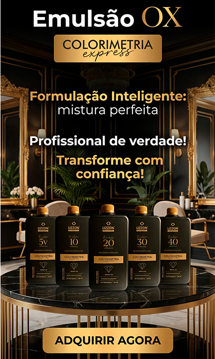 Cinco frascos pretos do produto para cabelos Lizzon Emulsão OX estão expostos em uma mesa em uma sala luxuosa, com um texto promovendo a formulação inteligente para profissionais e um botão onde se lê ADQUIRIR AGORA.