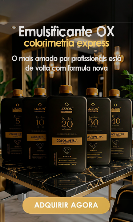 Cinco frascos pretos e dourados dos produtos para cabelo Lizzon Colorimetria Express estão expostos em um balcão com um texto promocional em português acima e um botão amarelo de adquirir agora abaixo.