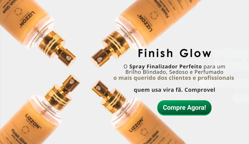 Quatro frascos de spray LIZZON dourados com o rótulo Finish Glow estão dispostos diagonalmente em um fundo claro. O texto destaca esse spray de acabamento perfeito para cabelos brilhantes, sedosos e perfumados, com um botão verde Compre Agora!.