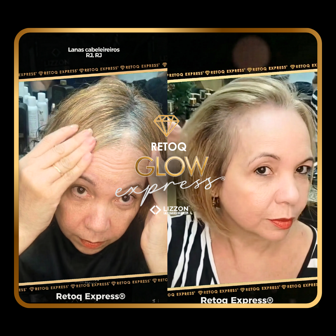 As fotos lado a lado mostram uma mulher antes e depois de usar o Retoq Glow Express – Tons Claros (do 6 ao 10). Na primeira imagem, as raízes grisalhas são visíveis; na segunda, o cabelo está uniformemente colorido e penteado. A marca exibe a inscrição “Retoq Glow Express”.